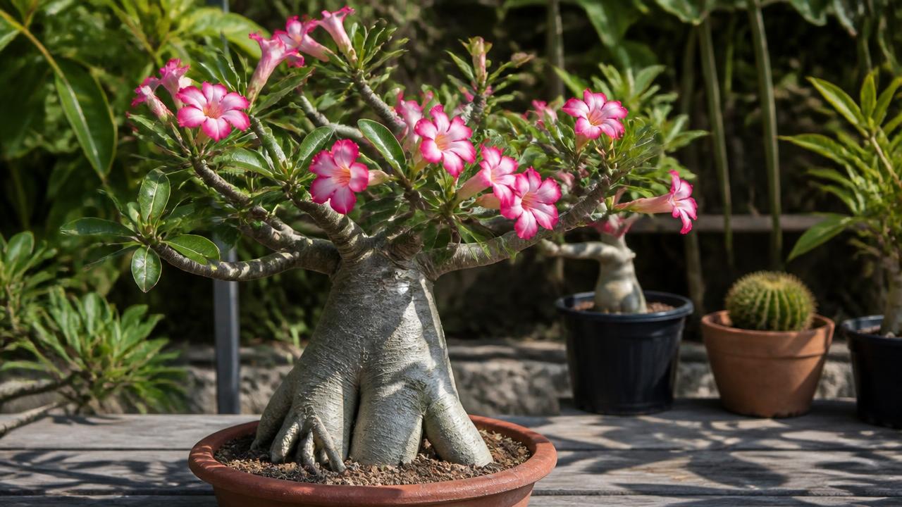 Adenium obesum adulto com caudex escultural e flores rosas Adenium obesum adulto com caudex escultural e flores rosas