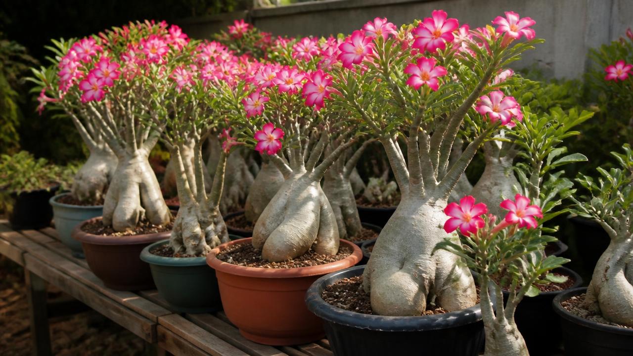Coleção madura de rosas do deserto com caudex grosso em bancada de cultivo Coleção madura de rosas do deserto com caudex grosso em bancada de cultivo