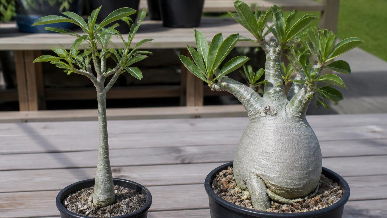 Comparação entre caudex fino e caudex grosso de rosa do deserto Comparação entre caudex fino e caudex grosso de rosa do deserto
