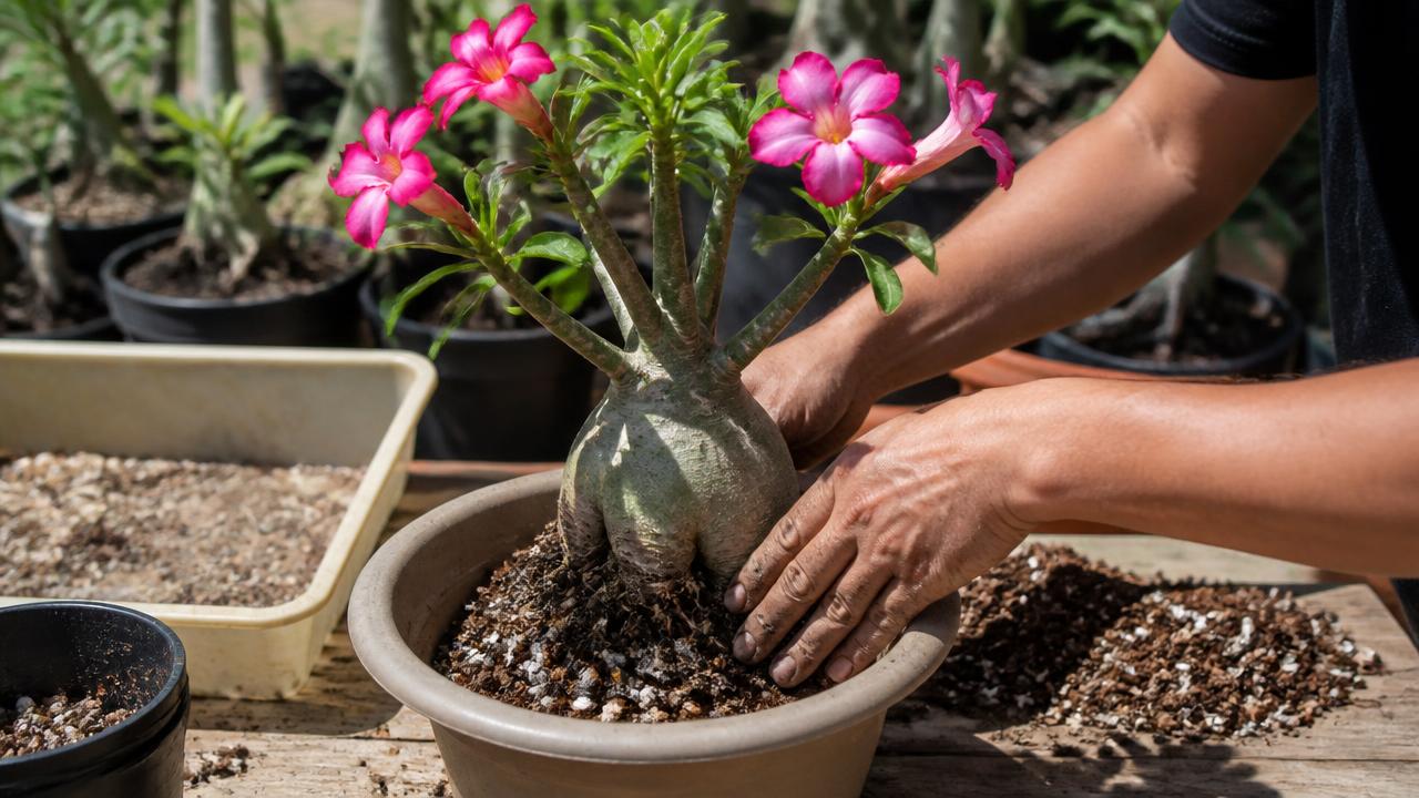 Plantio de rosa do deserto em vaso novo com substrato drenante Plantio de rosa do deserto em vaso novo com substrato drenante