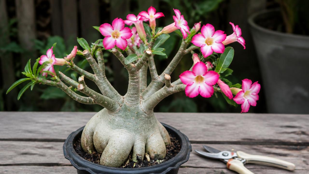 Rosa do deserto recém-podada com cortes limpos nos galhos Rosa do deserto recém-podada com cortes limpos nos galhos
