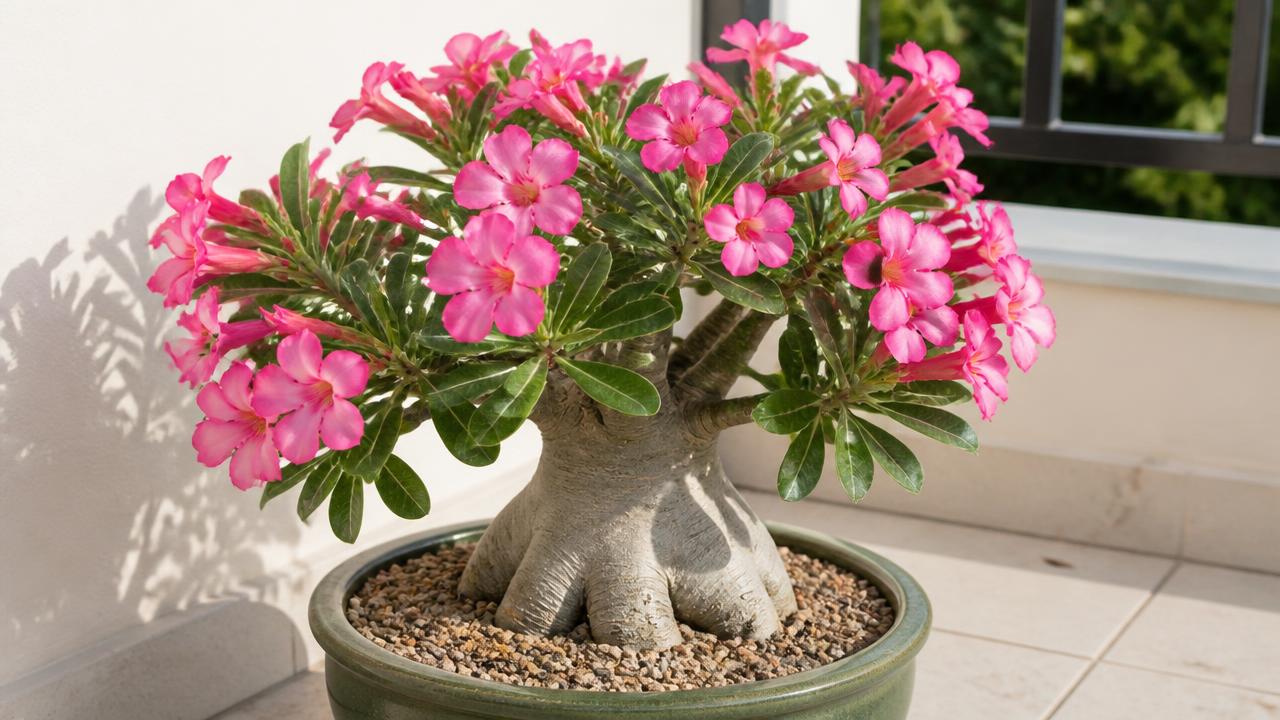 Rosa do deserto bem cuidada em vaso, com substrato drenante e flores Rosa do deserto bem cuidada em vaso, com substrato drenante e flores
