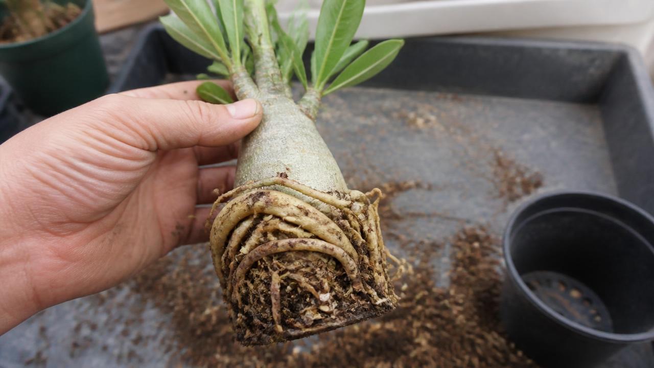 Rosa do deserto pequena com raízes enroladas em vaso apertado Rosa do deserto pequena com raízes enroladas em vaso apertado