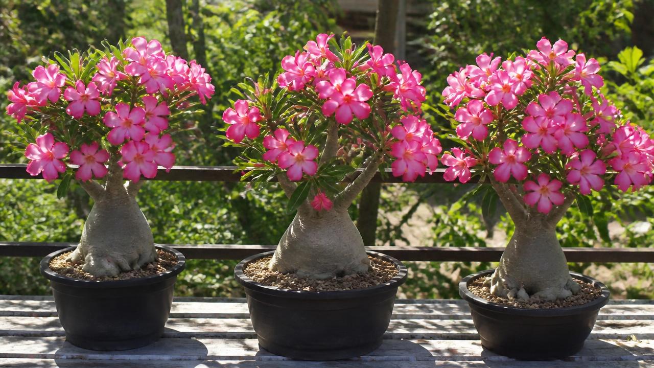Rosas do deserto vigorosas e floridas alinhadas em bancada ao sol Rosas do deserto vigorosas e floridas alinhadas em bancada ao sol