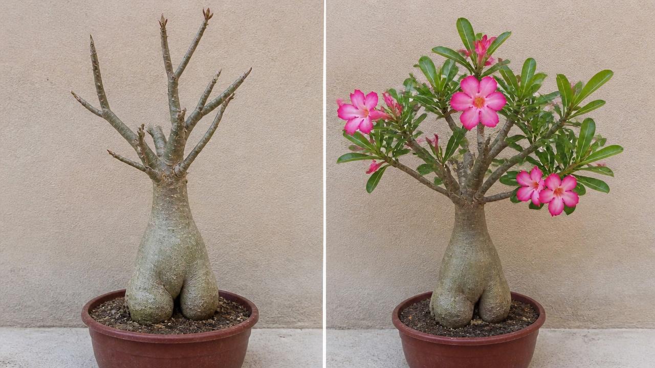 Comparação lado a lado da mesma rosa do deserto antes e depois de 30 dias Comparação lado a lado da mesma rosa do deserto antes e depois de 30 dias