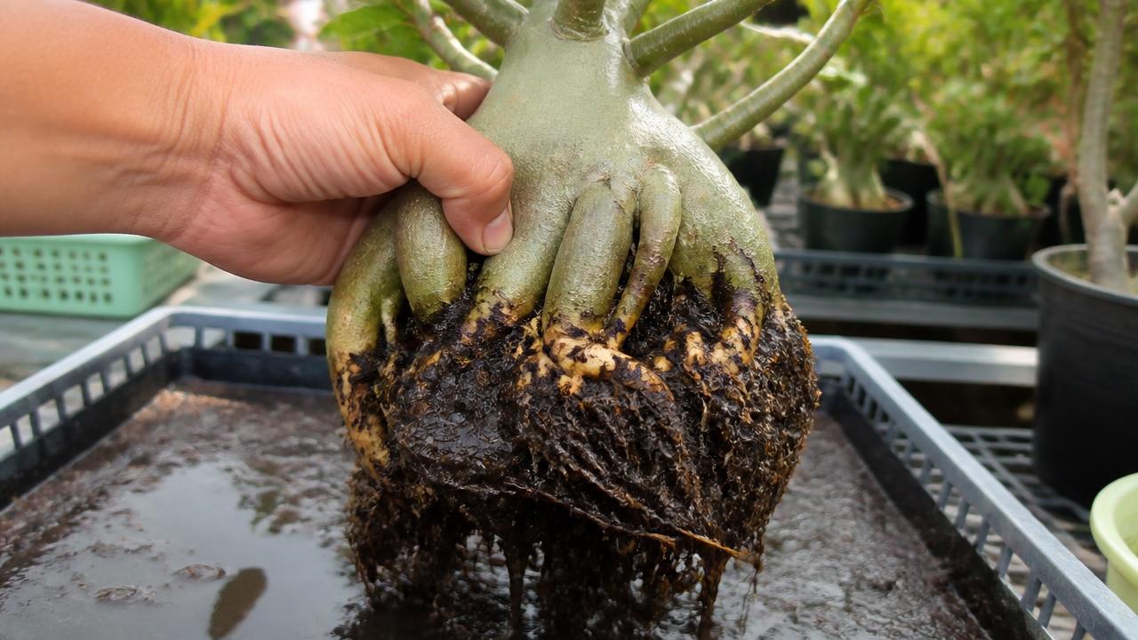Rosa do deserto com raízes apodrecidas retiradas de substrato encharcado Rosa do deserto com raízes apodrecidas retiradas de substrato encharcado