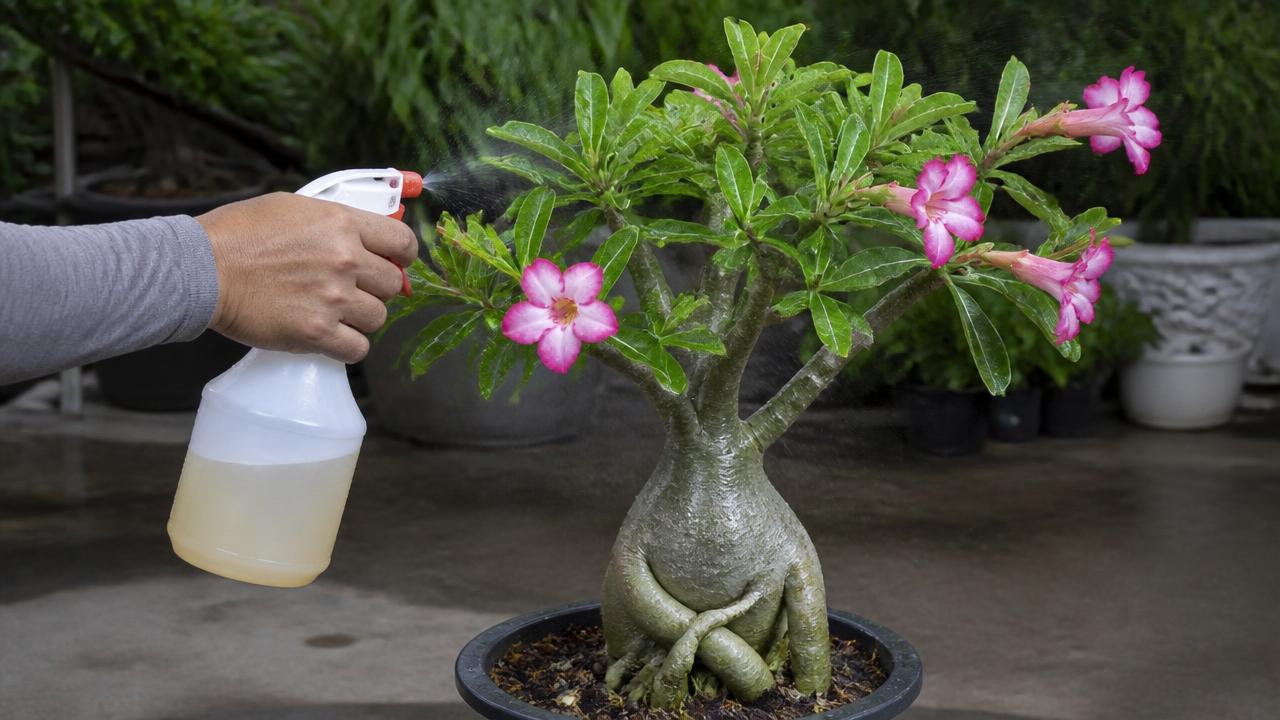 Fungicida caseiro em borrifador sendo aplicado em rosa do deserto Fungicida caseiro em borrifador sendo aplicado em rosa do deserto