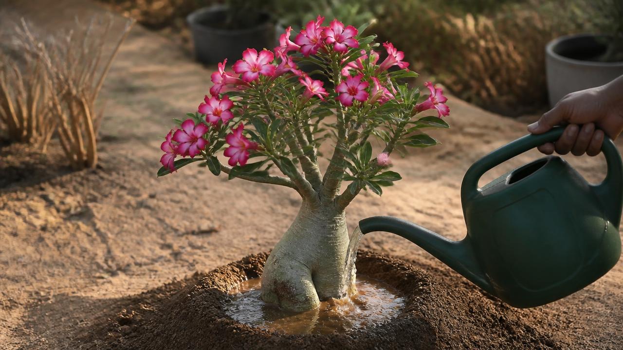 Rega de rosa do deserto no início da manhã com luz suave Rega de rosa do deserto no início da manhã com luz suave