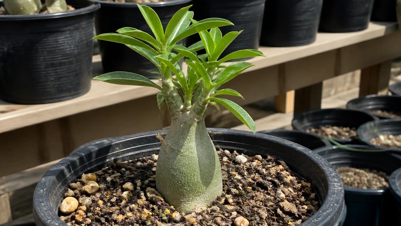 Muda de rosa do deserto crescendo rápido em vaso com substrato adubado Muda de rosa do deserto crescendo rápido em vaso com substrato adubado