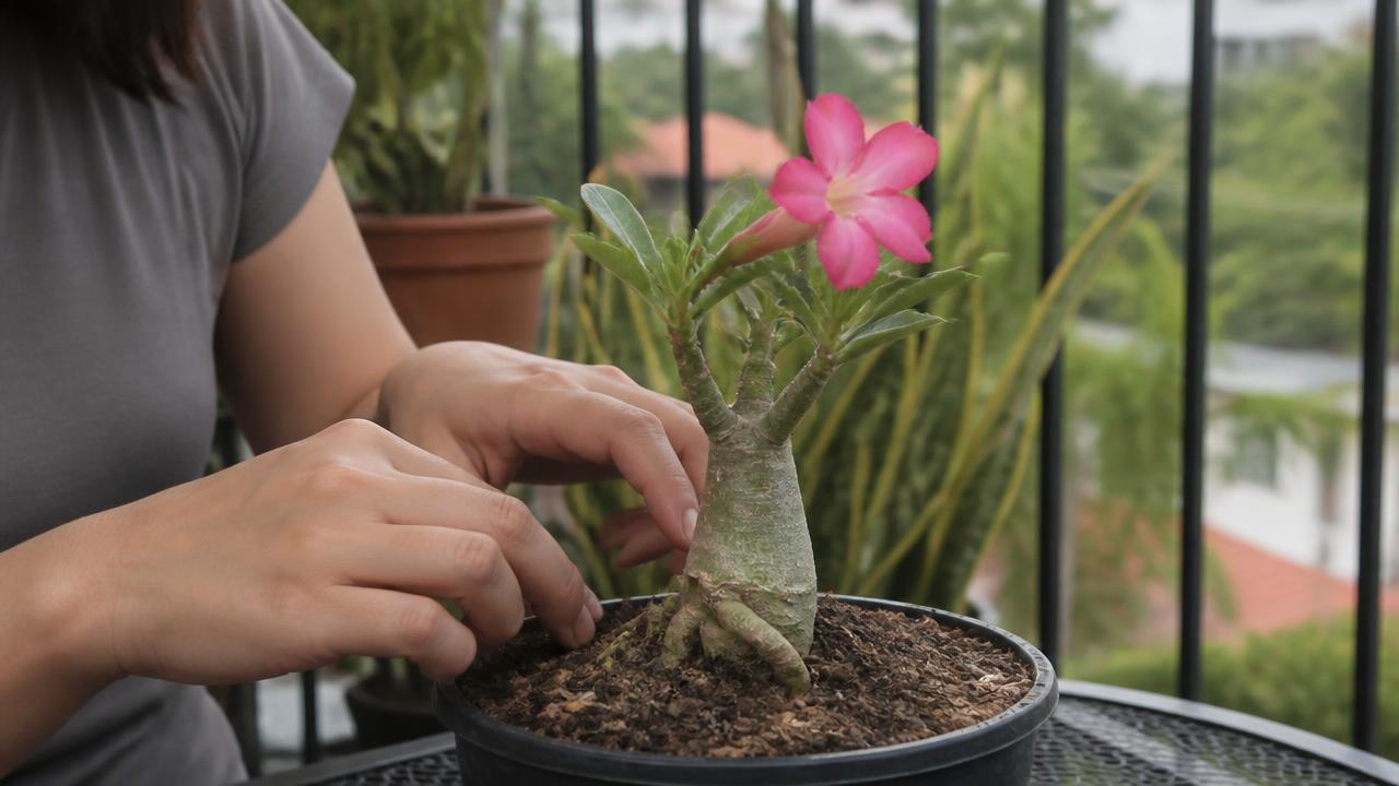 Iniciante cuidando de uma rosa do deserto pequena em vaso na varanda Iniciante cuidando de uma rosa do deserto pequena em vaso na varanda