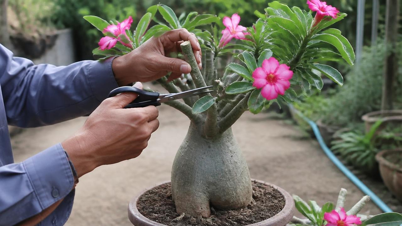 Poda de rosa do deserto com tesoura, mostrando corte acima do nó Poda de rosa do deserto com tesoura, mostrando corte acima do nó