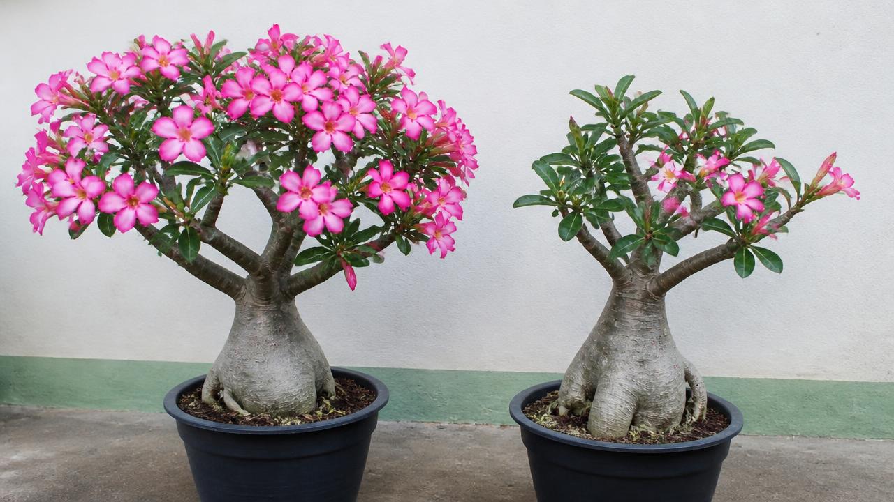 Duas rosas do deserto lado a lado, uma muito florida e outra com poucas flores Duas rosas do deserto lado a lado, uma muito florida e outra com poucas flores