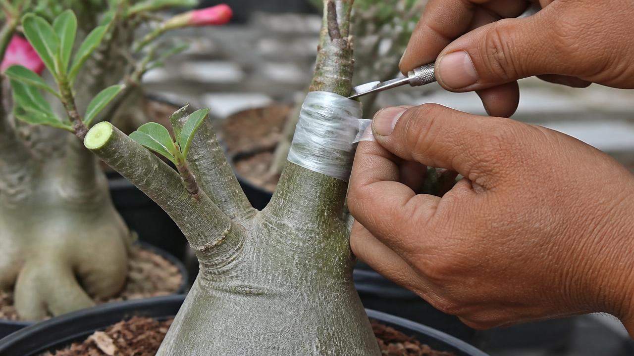 Enxertia de rosa do deserto sendo feita com lâmina e fita de enxertia Enxertia de rosa do deserto sendo feita com lâmina e fita de enxertia