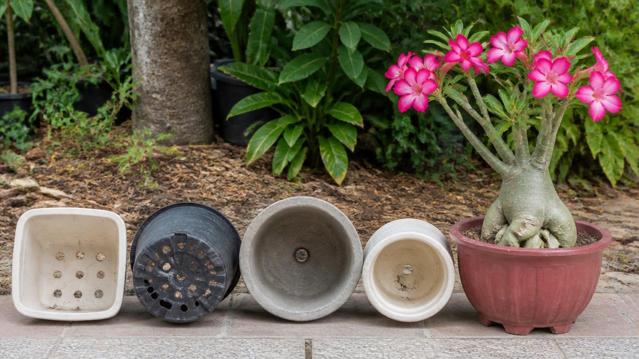 Diferentes vasos para rosa do deserto lado a lado, mostrando furos de drenagem Diferentes vasos para rosa do deserto lado a lado, mostrando furos de drenagem