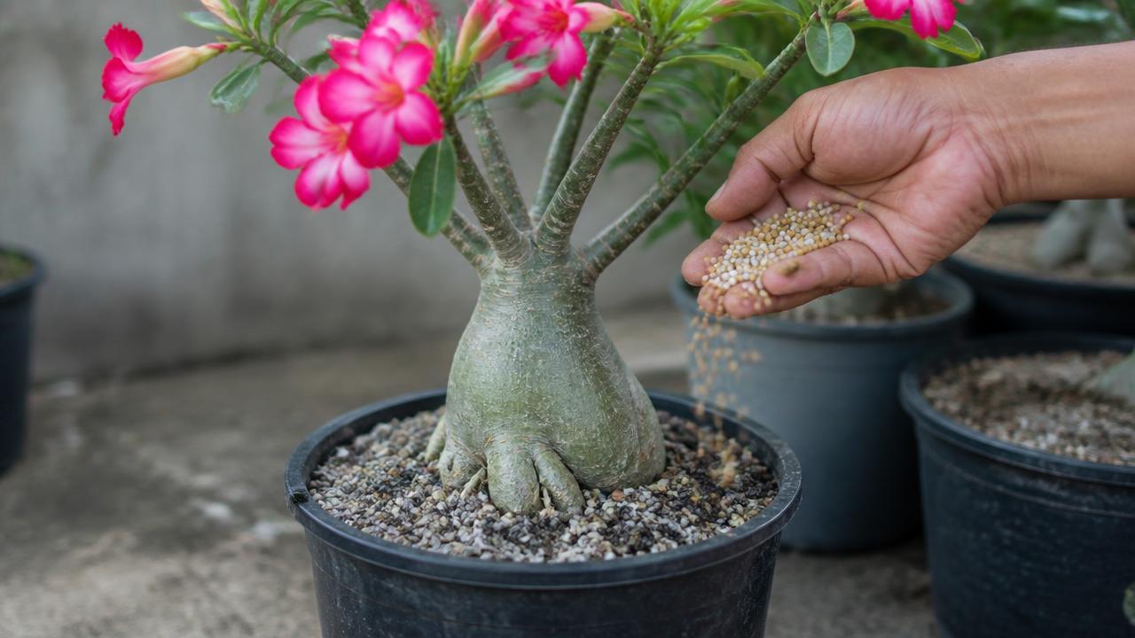 Adubação de rosa do deserto com fertilizante granulado sobre o substrato Adubação de rosa do deserto com fertilizante granulado sobre o substrato