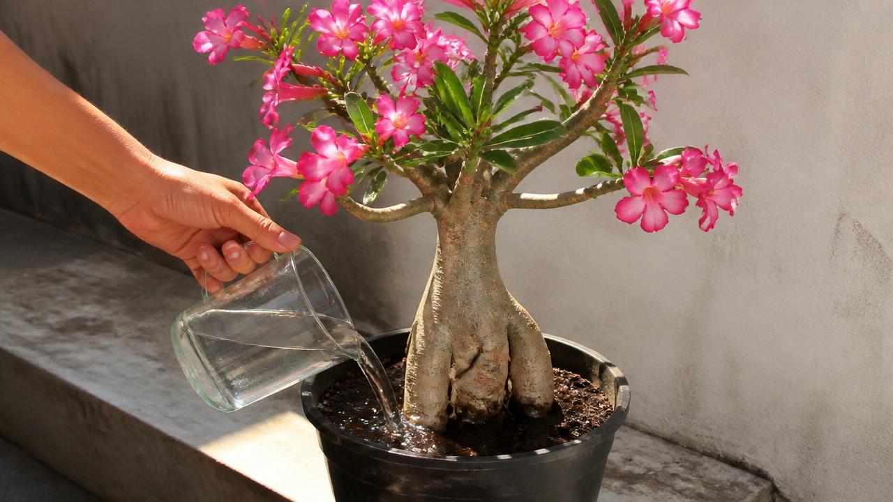 Regador medindo água para rosa do deserto em vaso ao sol Regador medindo água para rosa do deserto em vaso ao sol