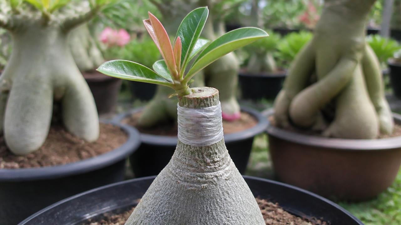 Enxerto de rosa do deserto já pegado, com broto novo saindo acima da fita Enxerto de rosa do deserto já pegado, com broto novo saindo acima da fita