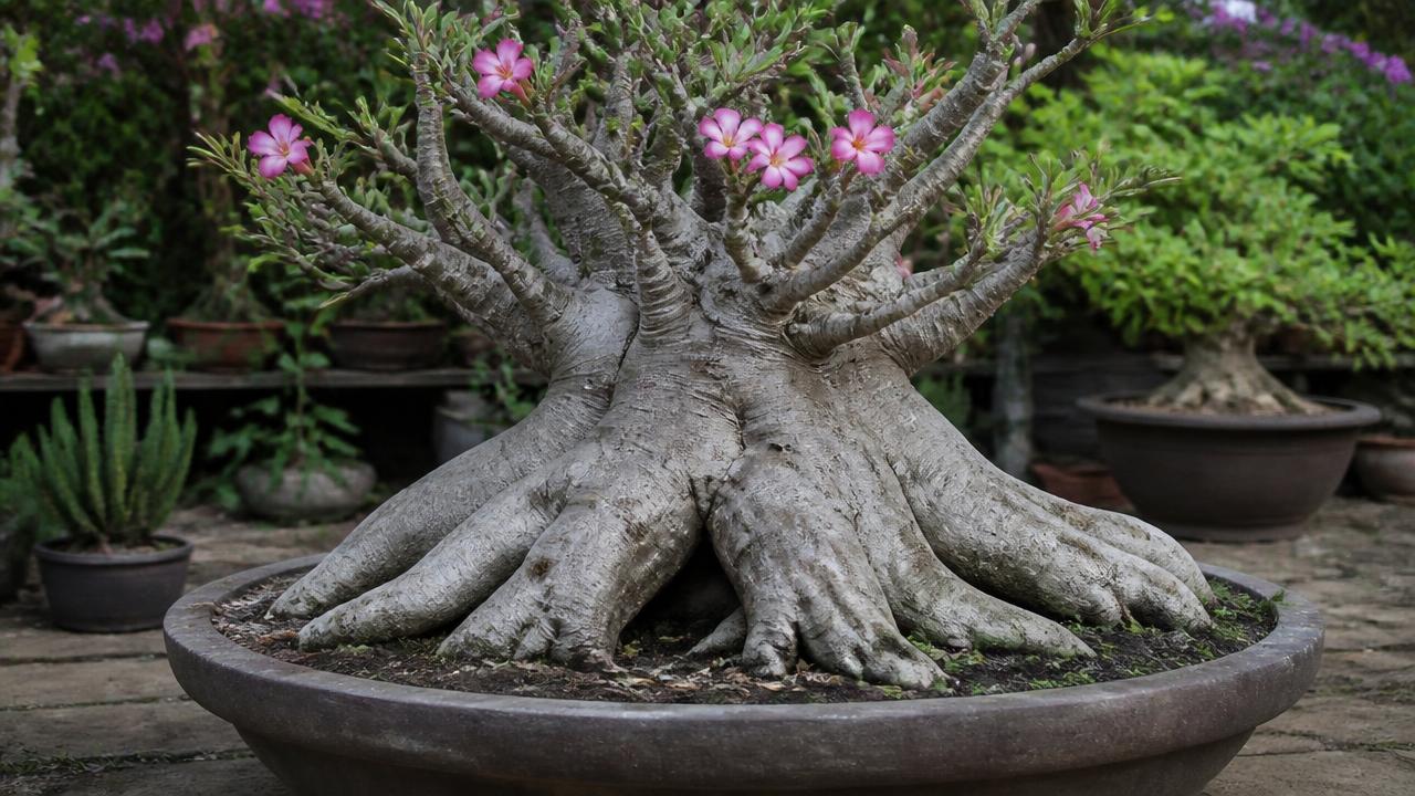 Rosa do deserto antiga com caudex enorme e tronco envelhecido Rosa do deserto antiga com caudex enorme e tronco envelhecido