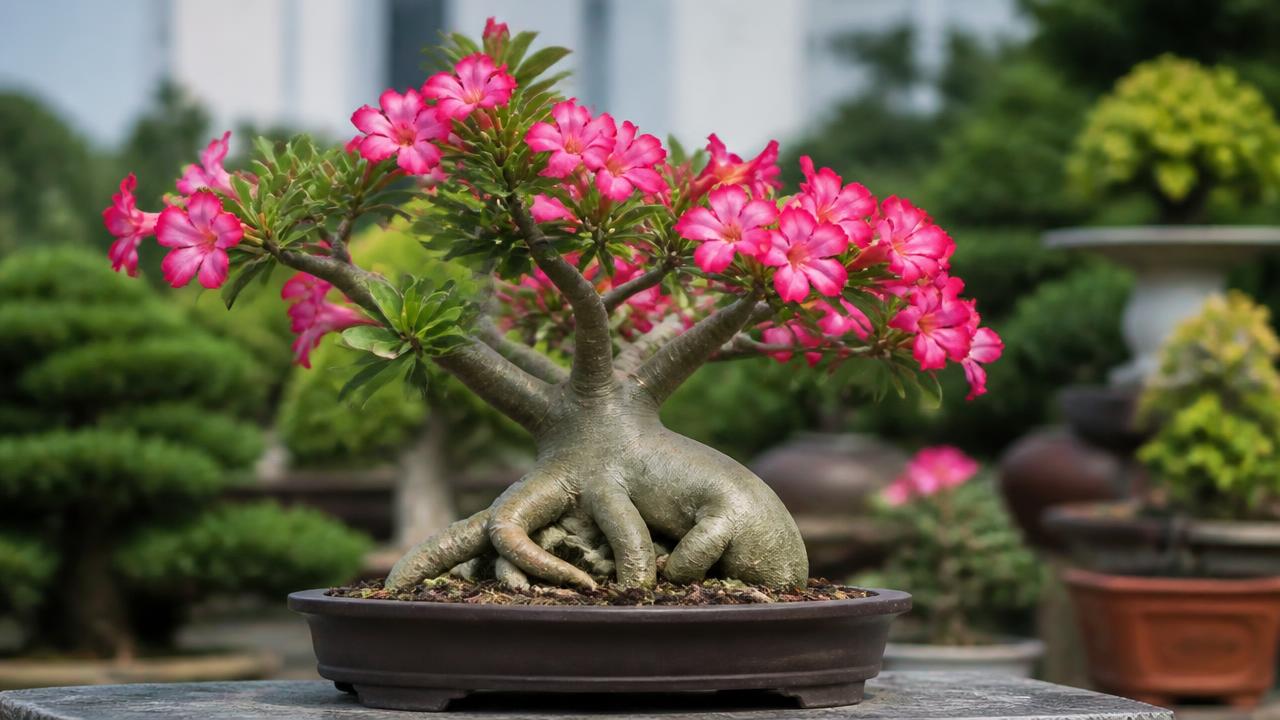 Rosa do deserto estilo bonsai com caudex modelado e raízes expostas Rosa do deserto estilo bonsai com caudex modelado e raízes expostas