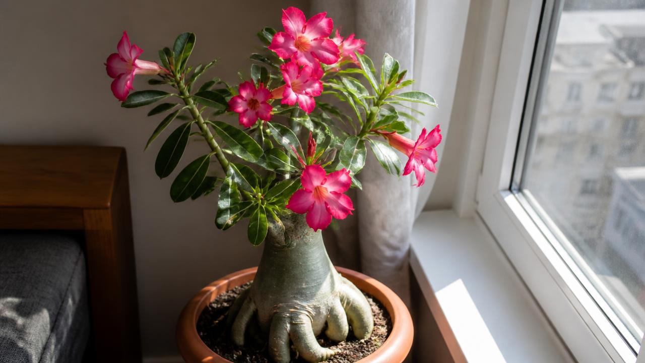 Rosa do deserto florida em vaso junto a janela ensolarada de apartamento Rosa do deserto florida em vaso junto a janela ensolarada de apartamento