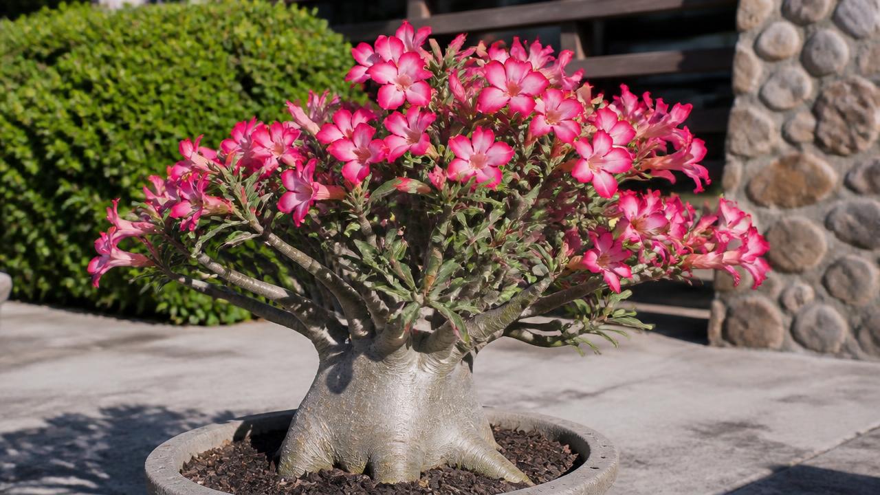 Rosa do deserto com muitos botões florais abrindo simultaneamente Rosa do deserto com muitos botões florais abrindo simultaneamente