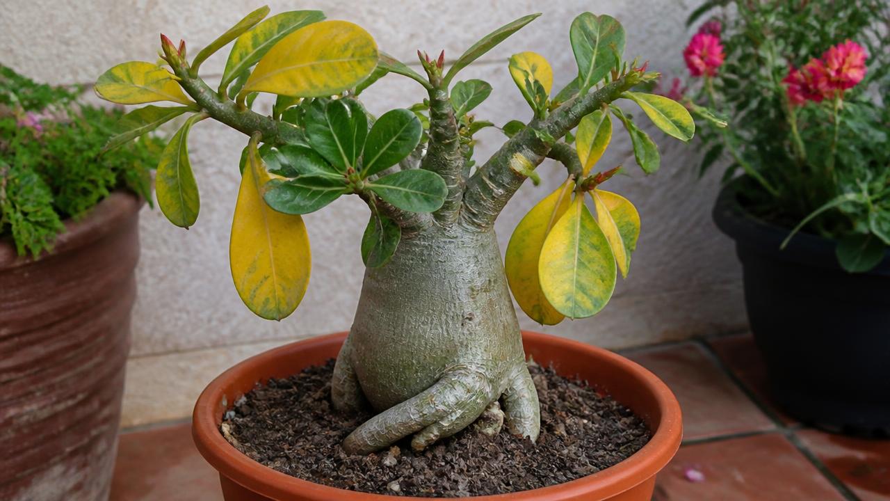 Rosa do deserto em vaso de barro com folhas amareladas, sintoma de excesso de rega Rosa do deserto em vaso de barro com folhas amareladas, sintoma de excesso de rega