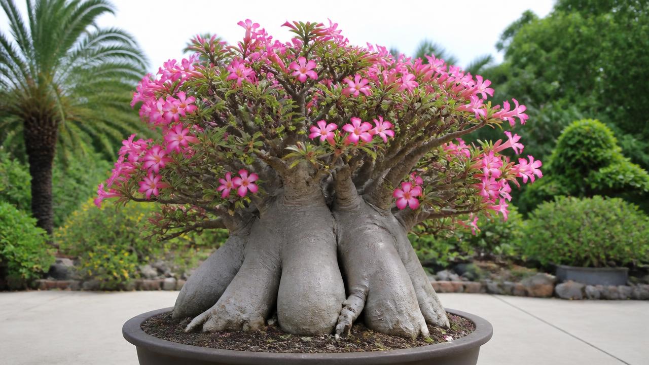 Rosa do deserto gigante com caudex muito grosso em vaso largo Rosa do deserto gigante com caudex muito grosso em vaso largo