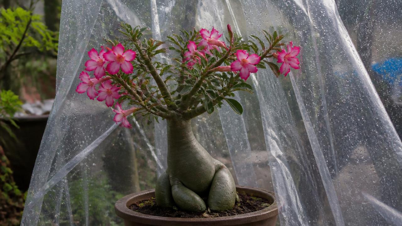 Rosa do deserto protegida da chuva sob cobertura transparente Rosa do deserto protegida da chuva sob cobertura transparente