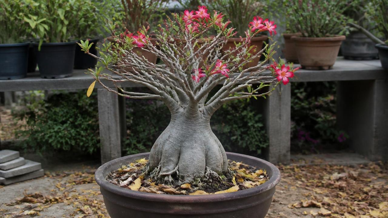 Rosa do deserto perdendo folhas, com folhas caídas ao redor do vaso Rosa do deserto perdendo folhas, com folhas caídas ao redor do vaso