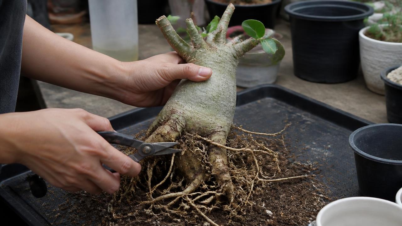 Mãos resgatando uma rosa do deserto doente, com raízes expostas sobre bancada de jardinagem Mãos resgatando uma rosa do deserto doente, com raízes expostas sobre bancada de jardinagem