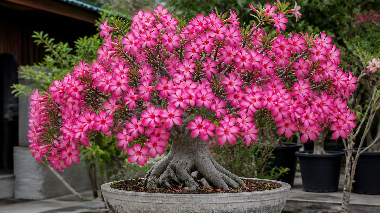 Rosa do deserto coberta de flores rosa intenso em vaso de cimento Rosa do deserto coberta de flores rosa intenso em vaso de cimento