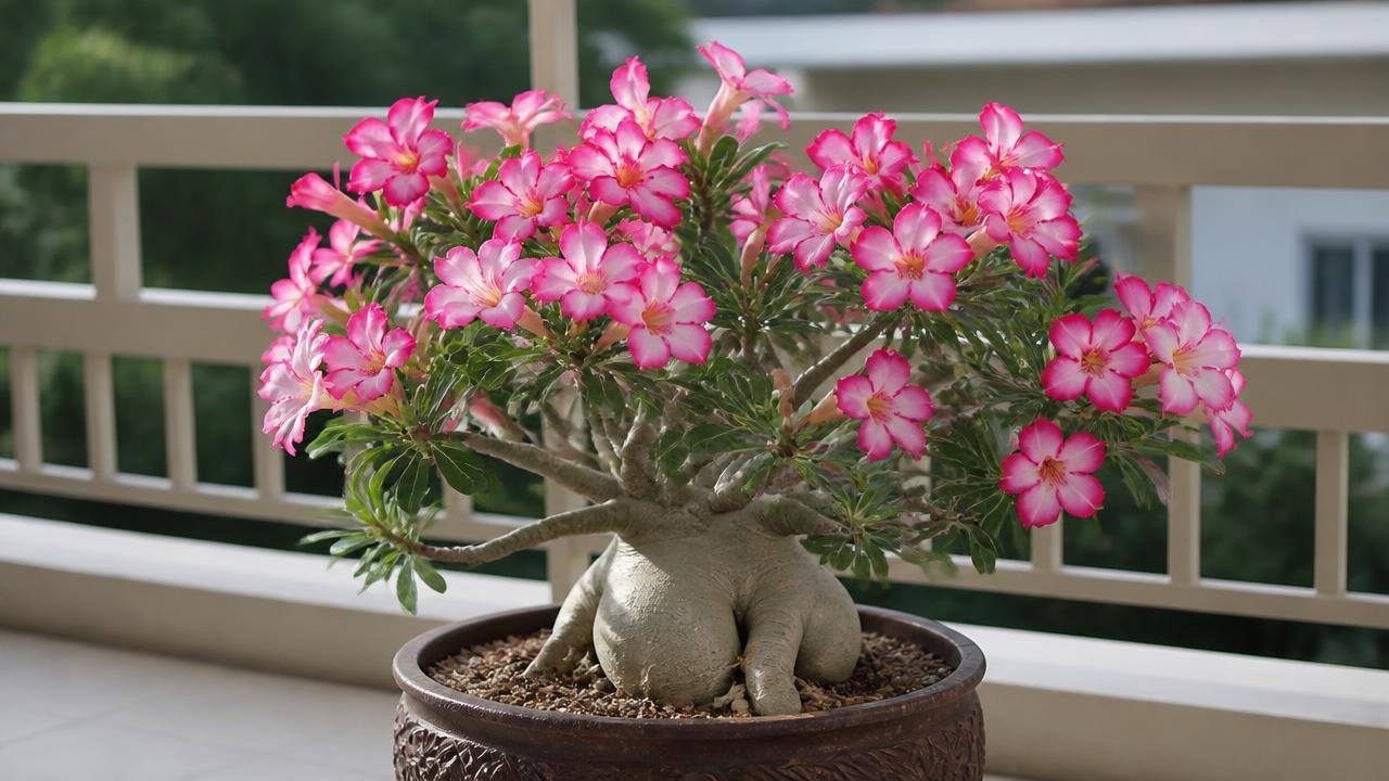 Rosa do deserto compacta e muito florida em vaso decorativo na varanda Rosa do deserto compacta e muito florida em vaso decorativo na varanda
